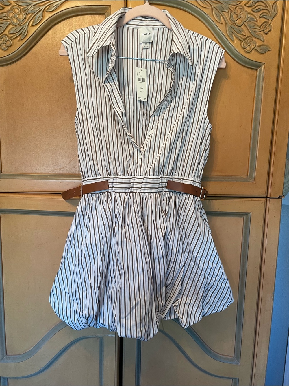 Maeve Beige and White Striped Sleeveless Shirt Dress with Belt